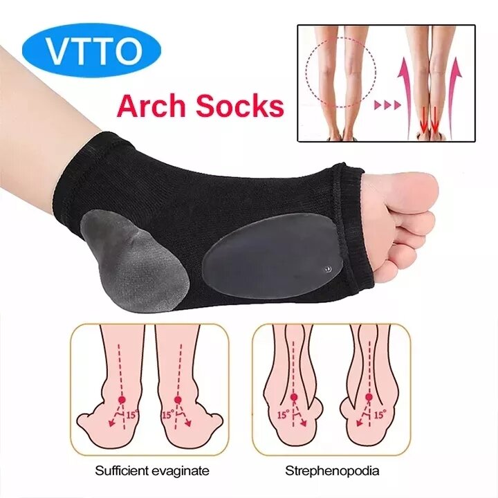 VTTO 1Pair Arch Support Sleeve Cushioned Soft Elastic Gel Pad Fabric Arch Socks for Flat Foot Pain Relief Plantar Fasciitis Heel Spurs