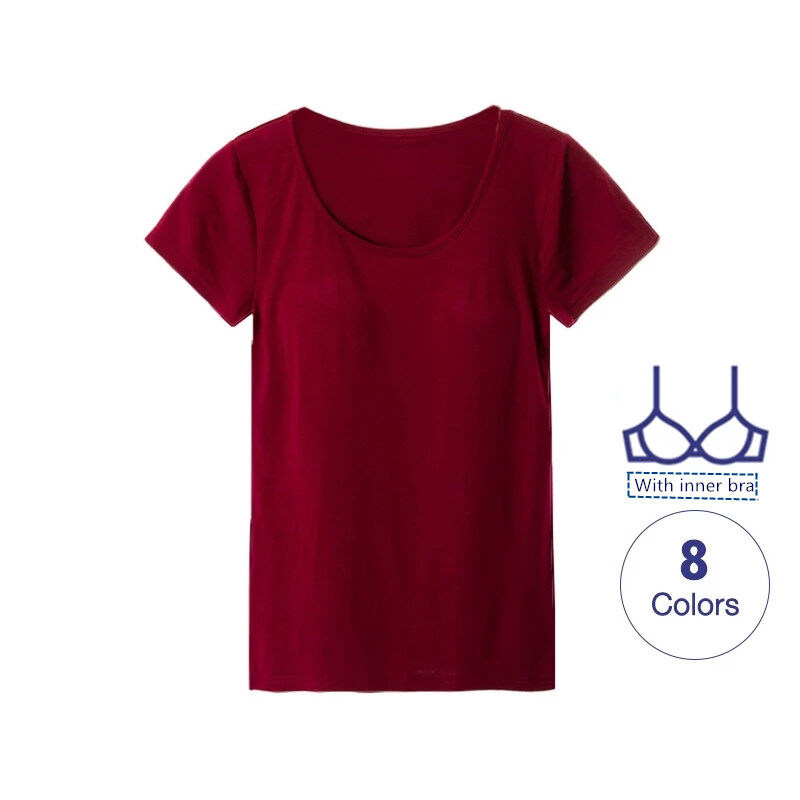 Women T-Shirts Built-in Bra Padded Stretchable Modal Push-Up Tops Tshirts