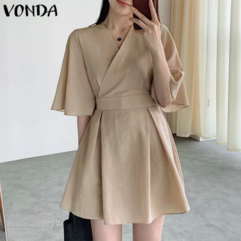 VONDA Women Short Sleeve V Neck Holiday Tunic Dress Fashion Pleated Party Mini Dresses (Korean Causal)
