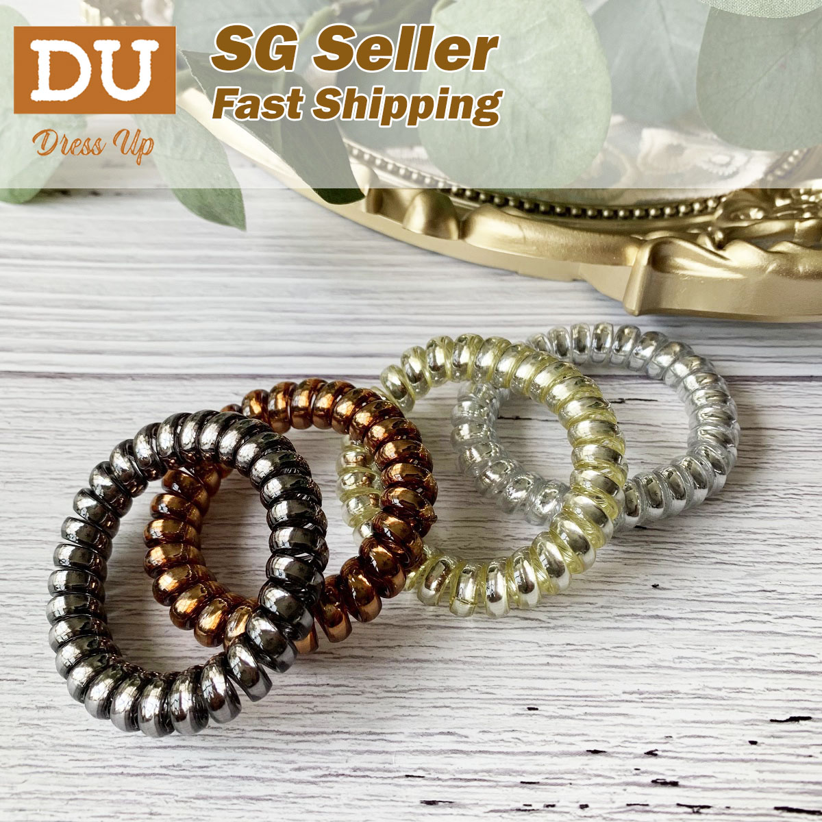[SG Metallic Light] 4pc set 5cm Metallic Big Coil Hair Ties, Traceless Hair Ties, Phone Cord Hair Ties Multicolor Large Spiral Hair Ties, Mega Hair Coil Set for Thick, Curly and Long Hair, Dent, Creas