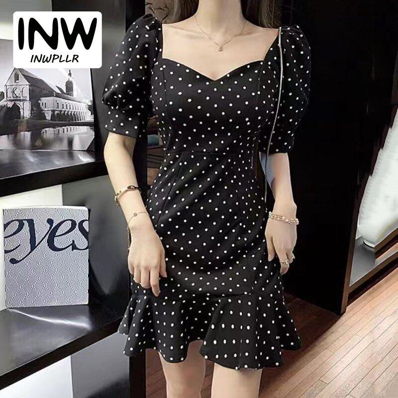 INWPLLR Summer Dating Mini Dress Women Fashionable Square Collar Puff Sleeve Dresses Fairy Tie Dye Female Dress