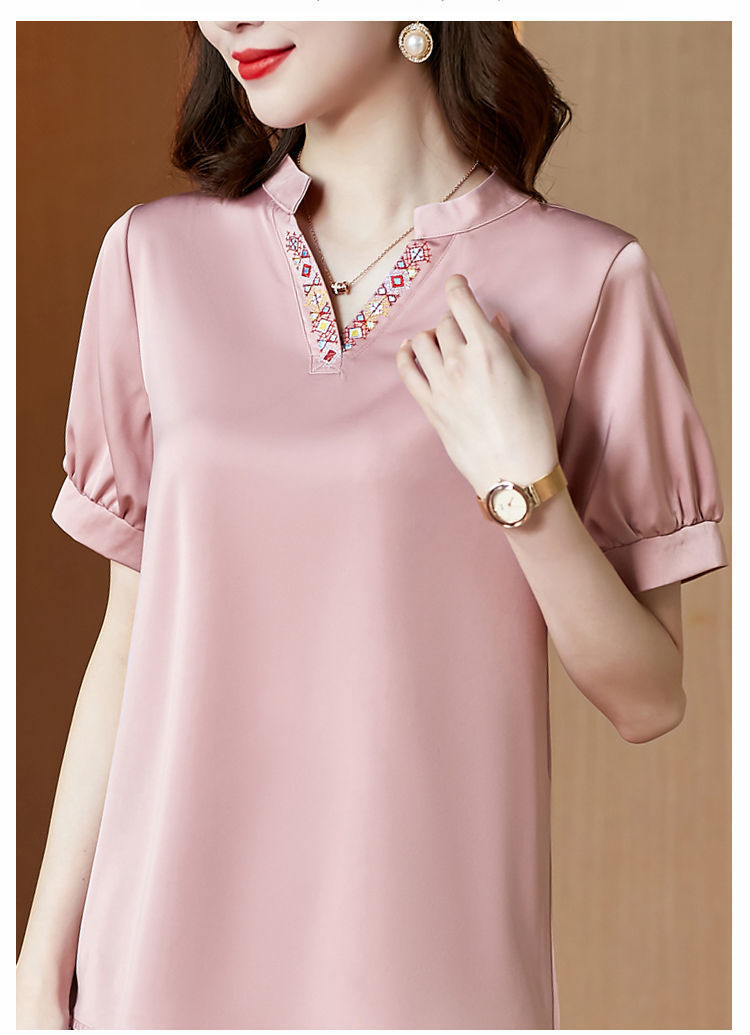 EDQRDQ Women's Satin Blouse Puff Sleeve Saint V Neck Embroidered Short Sleeve Shirt