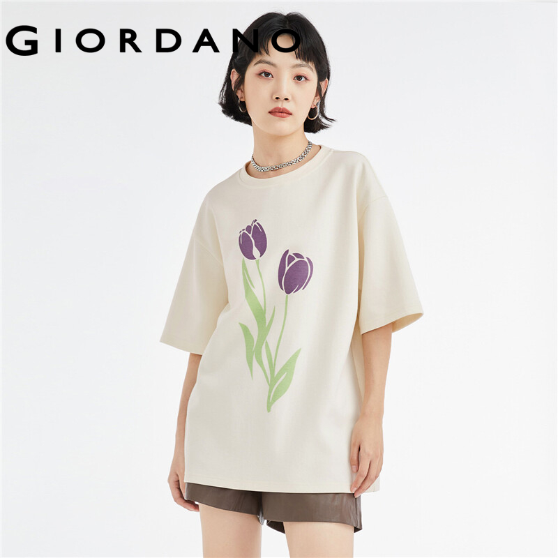 GIORDANO Women T-Shirts Tulips Flower Print Oversize Loose Casual T-Shirts Crewneck Short Sleeve Summer Relaxed Tee 18322602