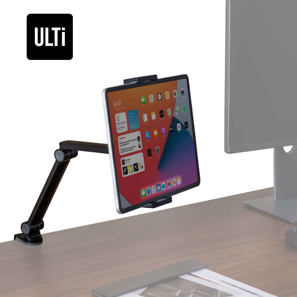 ULTi Clamp-on Tablet Holder for 4.7 to 12.9 inch Screens - Ergonomic Design: Swivel, Tilt & Rotate