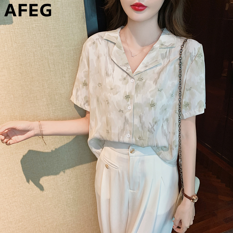 AFEG Korean Style Fashion Loose Versatile Retro Print Chiffon Short Sleeve Blouse for women