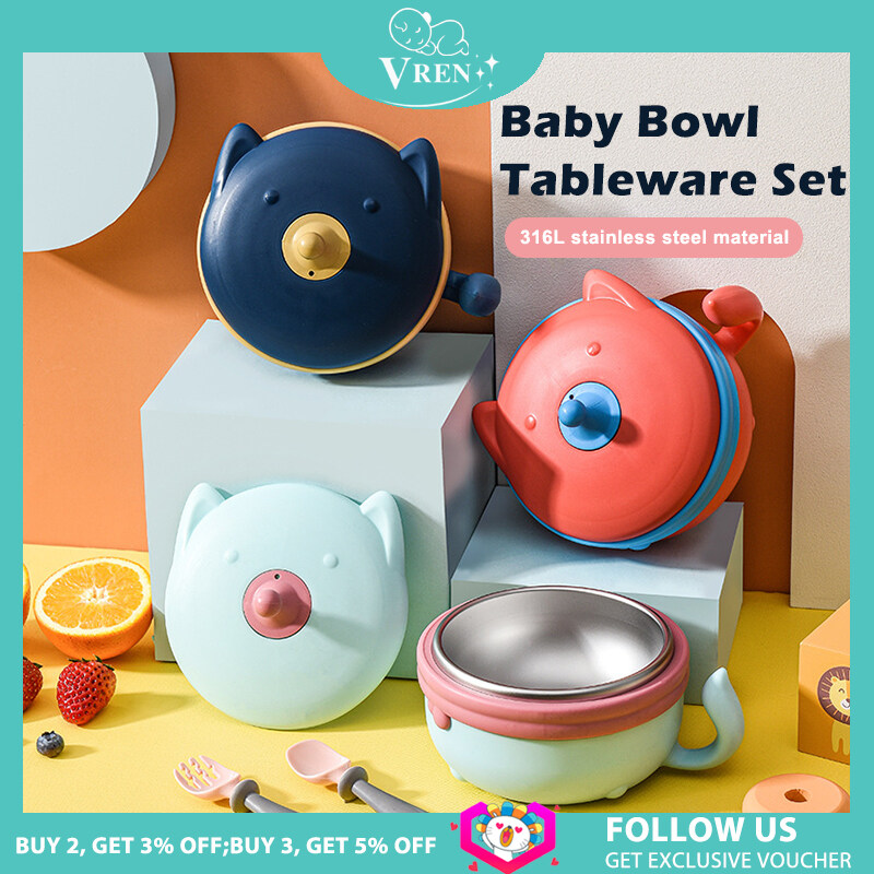 VREN Food Warm Injection Hot Water Insulation Kids Dishes 306L Stainless Steel Tableware Baby Sucker 400ml Feeding Bowl Plate  Children's Tableware Set