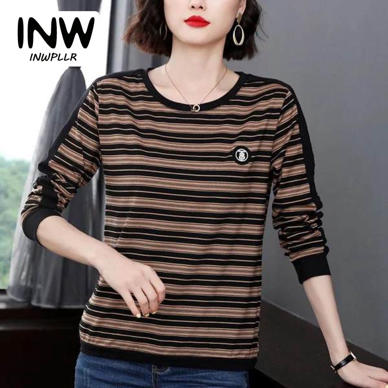INWPLLR Spring Women's T-shirts Stripe Long Sleeve Tops All-match O-Neck Large Size Tops Tee Female
