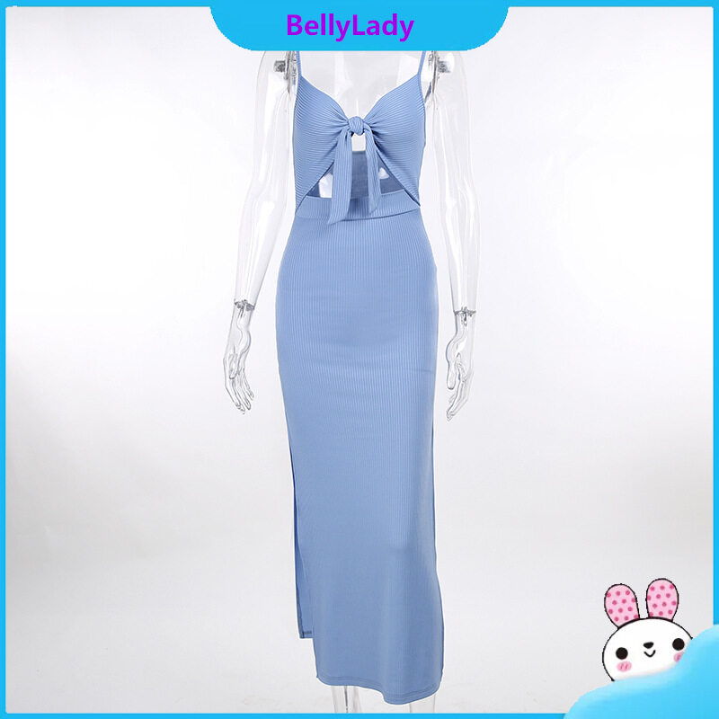 Women Suspender Slim Fit Dress Sexy V-neck Pullover Long Skirt Solid Color Lace-up Hollow Slit Dress