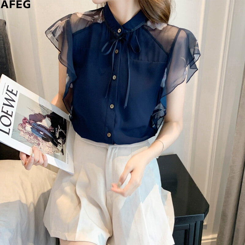 AFEG new Korean style bowknot fashion loose all-match chiffon short-sleeved blouse for women