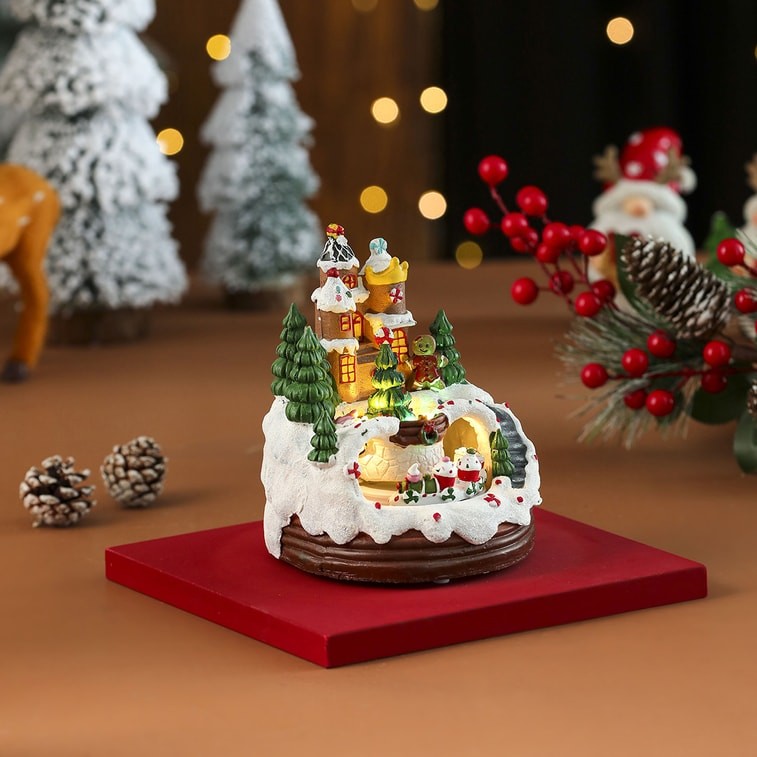 New Resin Biscuit Man Rotating Train Music Ornament Christmas Gift 1 Piece Three Roof Models F